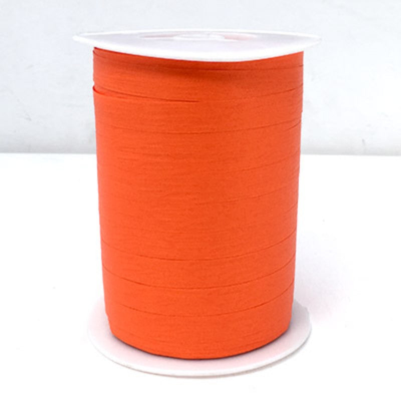 Bright orange curling ribbon, 10mm wide and 250m long, perfect for gift wrapping and decorations.