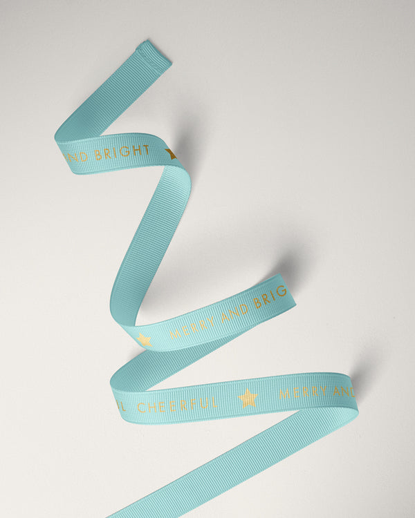 Ribbon - 10mm Xmas Cheer Grosgrain (Gold on Aqua)
