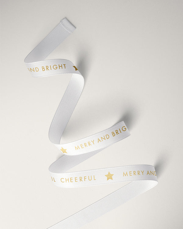 Ribbon - 10mm Xmas Cheer Grosgrain (Gold on White)