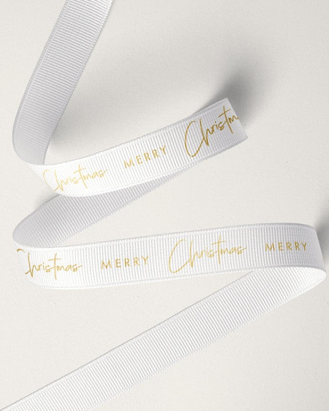 Ribbon - 16mm Merry Christmas Grosgrain Gold on White
