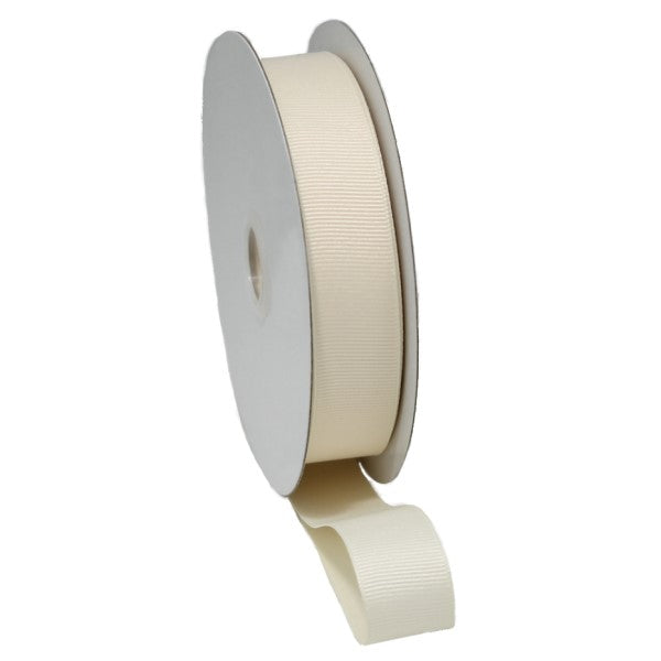 Cream grosgrain ribbon with woven edges, 38mm wide and 20m long, perfect for elegant crafts and gift wrapping.