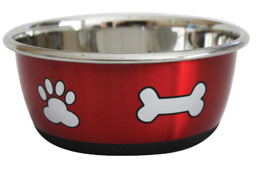 Medium metallic red stainless steel dog bowl with paw and bone design, anti-skid base, holds 950ml for food or water.
