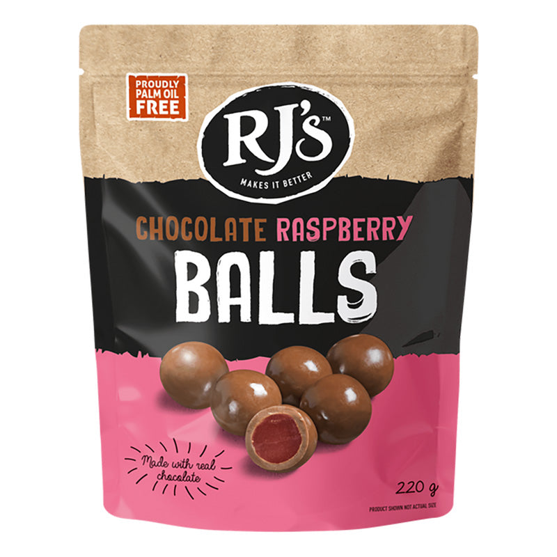 RJ’s Raspberry Chocballs 220g - Carton of 12