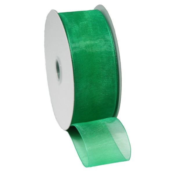 Emerald green ribbon with woven edges, 40mm wide and 50m long, perfect for elegant crafting and decorations.