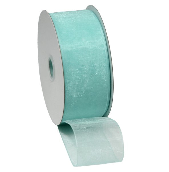 Pale sea green organza ribbon with woven edges, 40mm x 50m, ideal for crafting, decorating, and elegant gift wrapping.