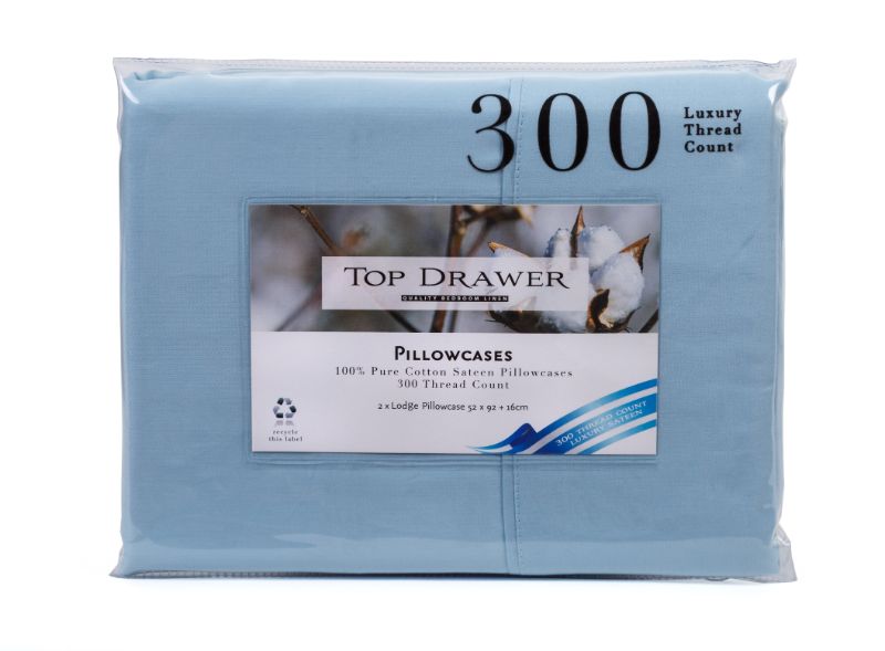 Lodge Pillowcase 2 Pack 100% Cotton Sateen L Blue - 300TC