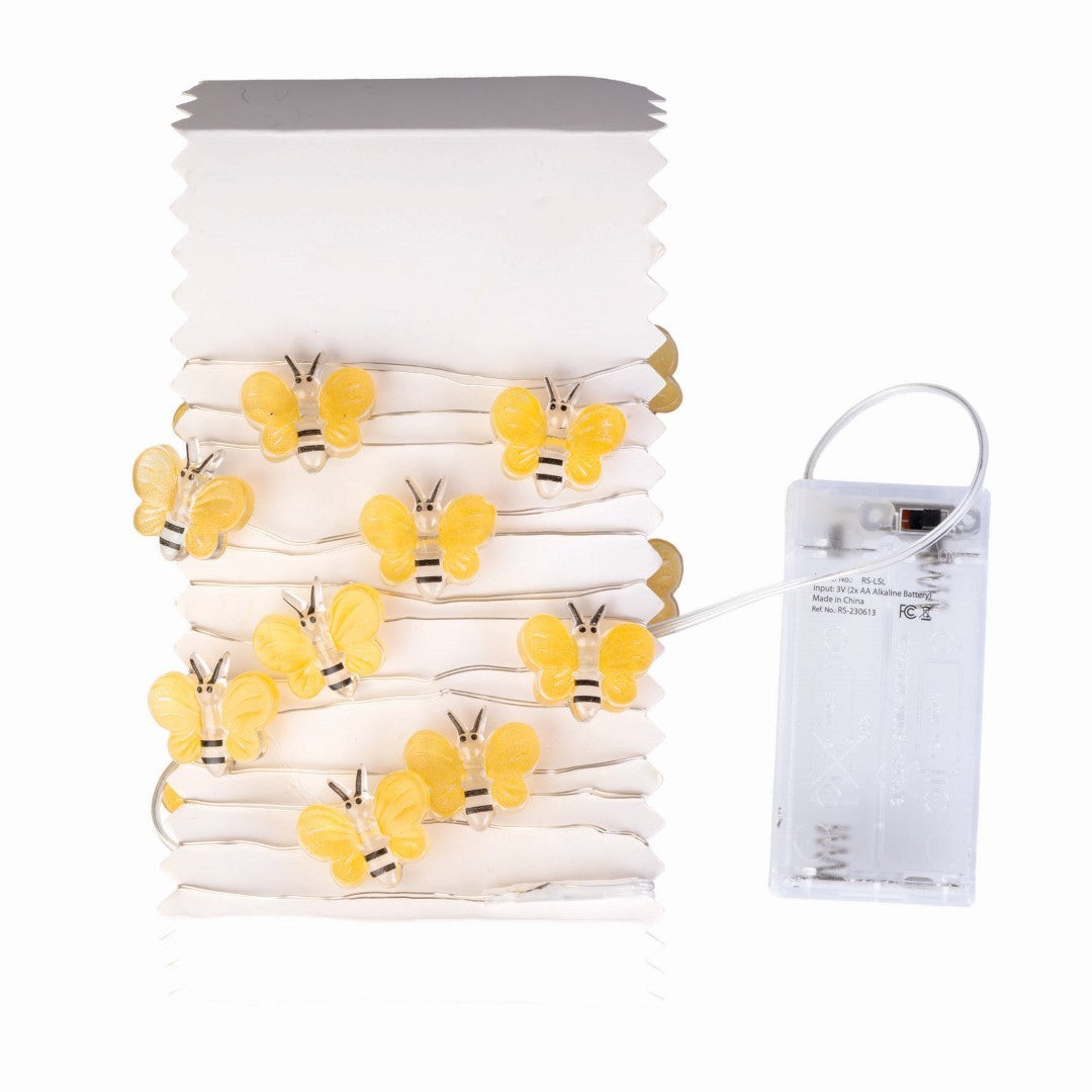 Bee-themed LED string lights on 2 meters of cable, battery-operated with 20 charming lights for stylish decor.