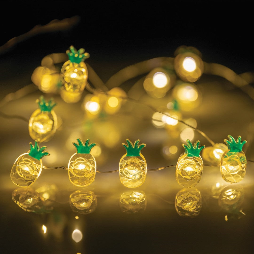 LED Pineapple string lights set of 3, featuring 20 vibrant LEDs for a tropical ambiance, ideal for indoor and outdoor decor.
