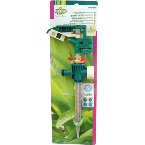 Raco Rt55/713c Impulse Sprinkler with Spike for efficient garden irrigation, featuring adjustable spray patterns and durable construction.