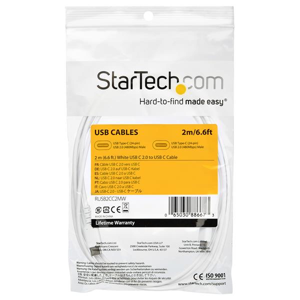 2m USB C Charging Cable - Durable Aramid Fiber M/M 60W White
