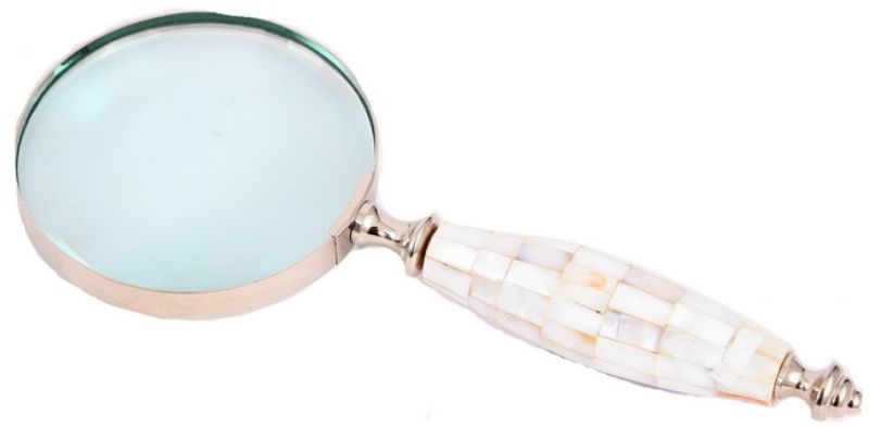 Elegant Magnifier Glass in Brass, Nickel, and Mop, blending functionality and sophistication for home or office decor.