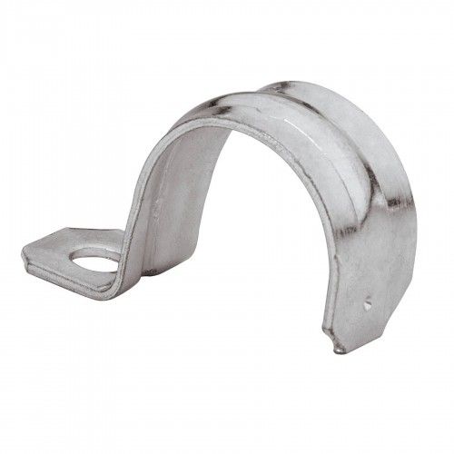 Galvanised single hole pipe saddles in a bag of 10, designed for secure fastening of plumbing and electrical pipes.