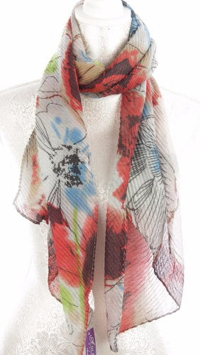 Pleated Floral Scarf - Orange - Orange