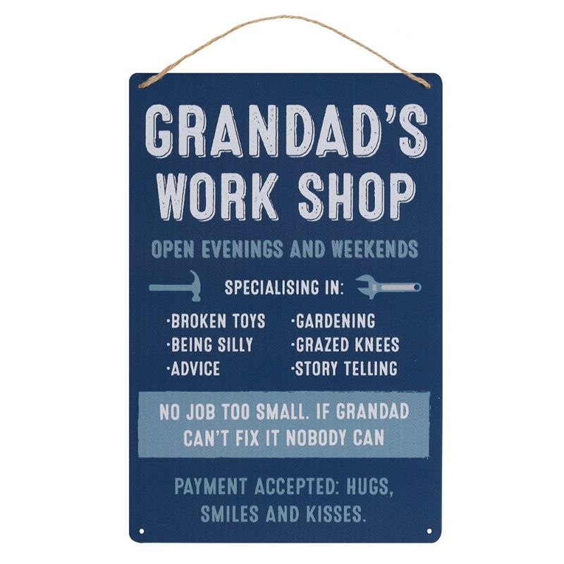 Metal sign reading 'Grandad's Workshop' with a fix list, featuring a rope handle for easy hanging.