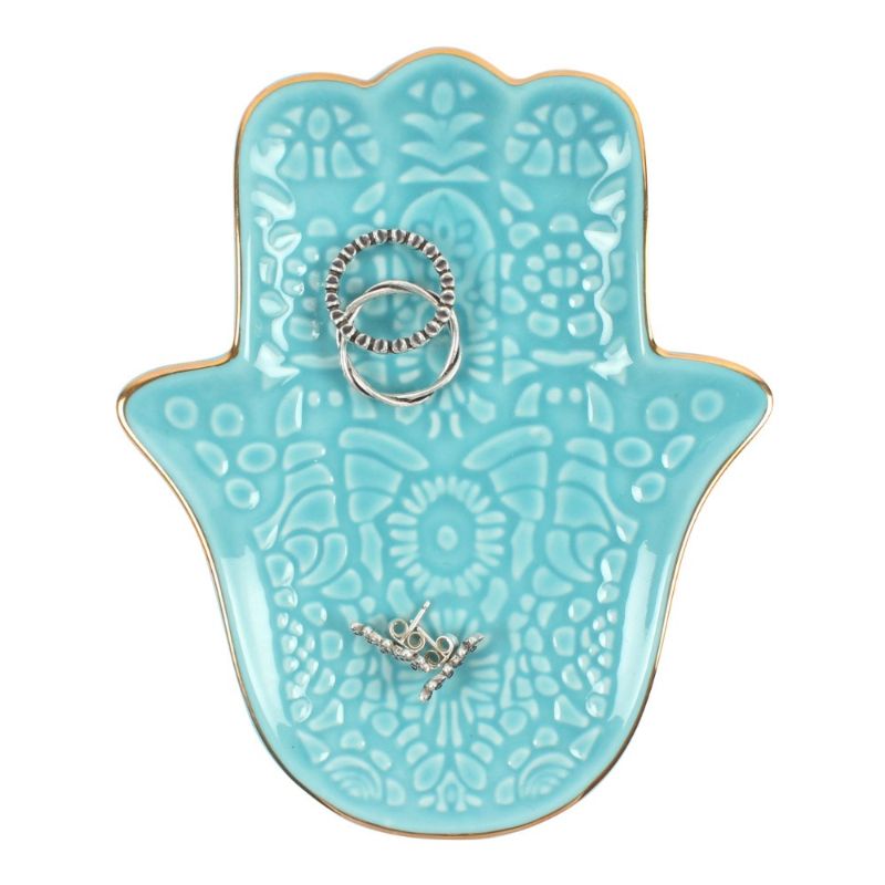 Turquoise Hamsa hand jewellery dish with intricate patterns and gold edge, perfect for organizing rings and earrings.