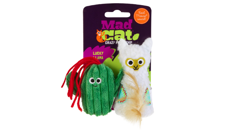 Colorful Mad Cat Lucky Llama toy set, featuring catnip, silvervine, and realistic mouse sounds for playful feline fun.