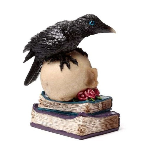 Ornament - Crow Perched on LED Skull & Books (19.5cm)