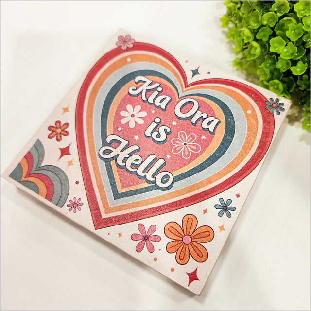 Plywood Art Block - Kia Ora is Hello Square (12 x 12cm)