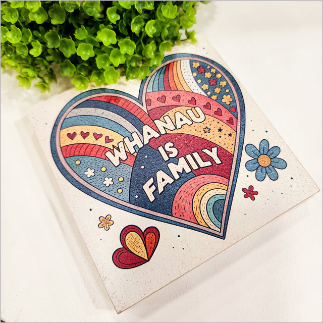 Plywood Art Block - Whanau is Family Square (12 x 12cm)