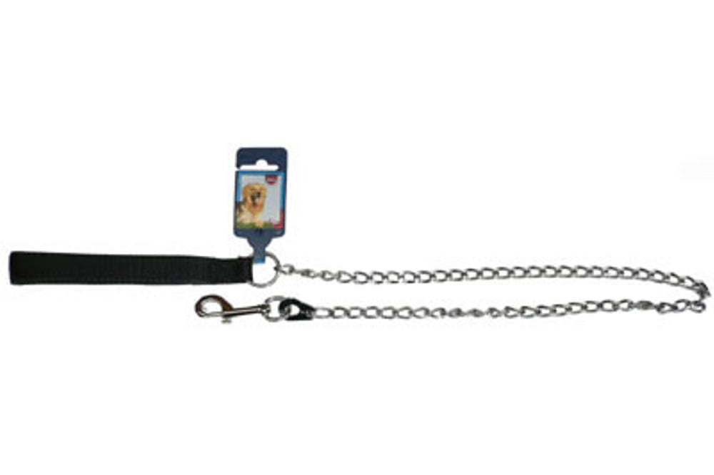 Durable 3mm x 100cm black metal dog chain lead with chrome hardware and comfortable web handle for secure walks.