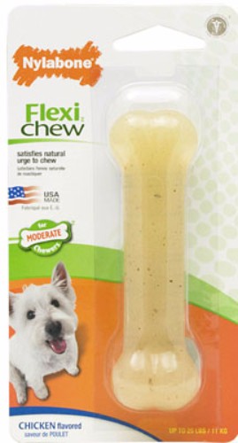 Nylabone Flexi Chew Chicken bone for moderate chewers, promotes dental health and satisfies chewing instincts.