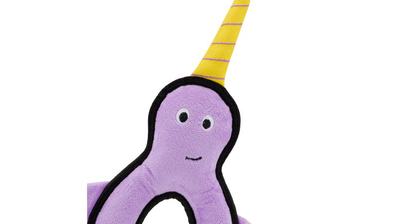 Eco-friendly large dog toy Nelly the Narwhal, made from recycled materials, with double stitching and a squeaker for durable fun.