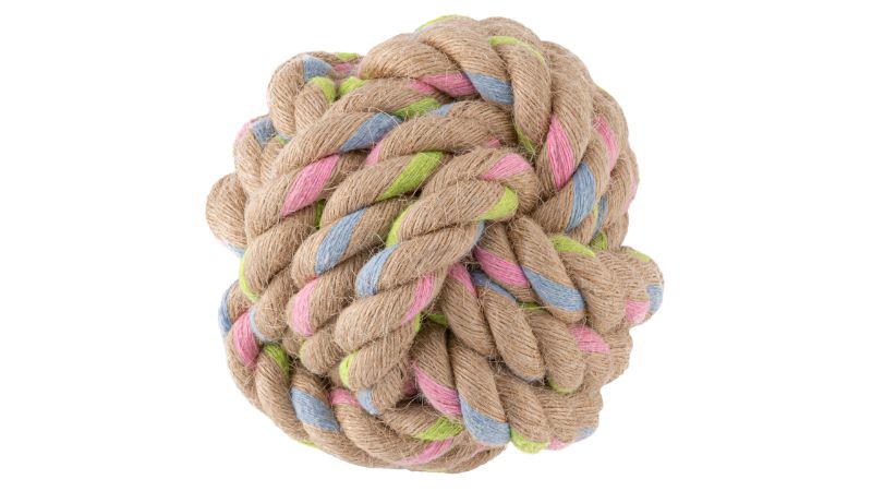 Eco-friendly small dog toy made of woven hemp rope and recycled cotton, perfect for fetching and dental care.