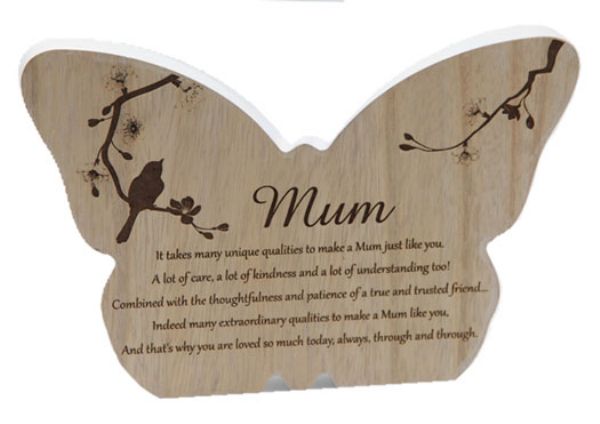 Wooden Mum Butterfly plaque, 21x14.5 cm, featuring intricate butterfly design symbolizing love and motherhood.