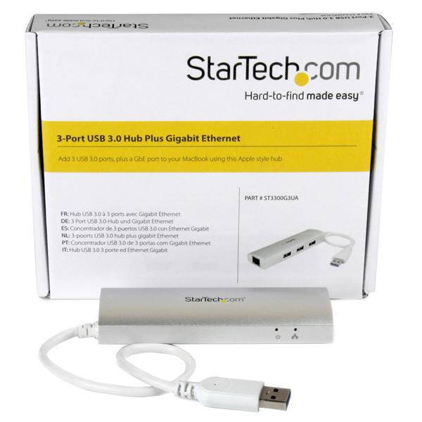 3-Port Portable USB 3.0 Hub plus Gigabit Ethernet - Built-In Cable