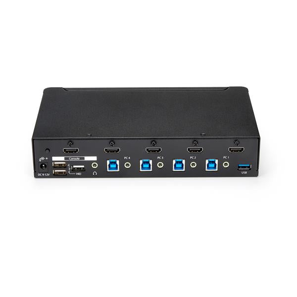 4-Port HDMI KVM switch with USB 3.0 hub for seamless control of multiple computers, 1080p video, and audio sharing.