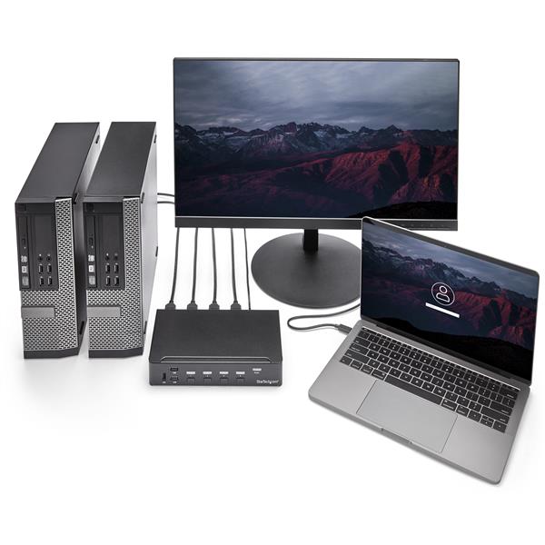 4-Port HDMI KVM Switch with USB 3.0, 1080p video, audio ports, and built-in USB hub for seamless multi-computer control.