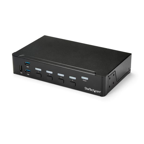 4-Port HDMI KVM switch with USB 3.0 hub, 1080p video, 3.5mm audio ports, ideal for controlling multiple computers.