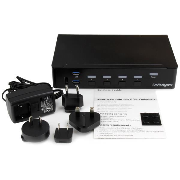 4-Port HDMI KVM switch with USB 3.0 hub for seamless control of multiple computers at 1080p resolution and shared audio.