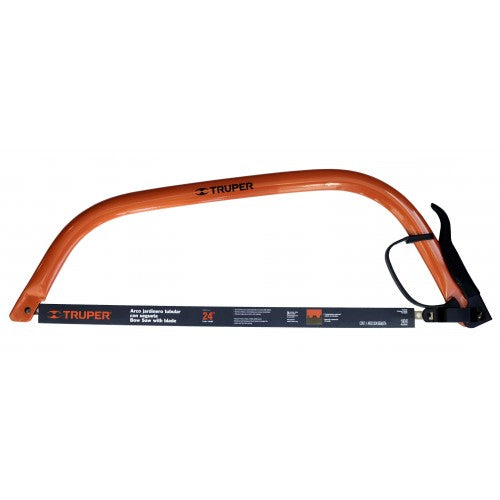 Truper 24" pruning saw bowsaw with robust steel arch and SK5 blade for efficient tree and shrub pruning.