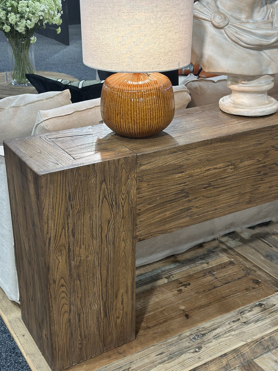 BLOCK CONSOLE - DOVETEAIL ANTIQUE ELM RECLAIMED ELM (2.2m x 35cm x 80cm)
