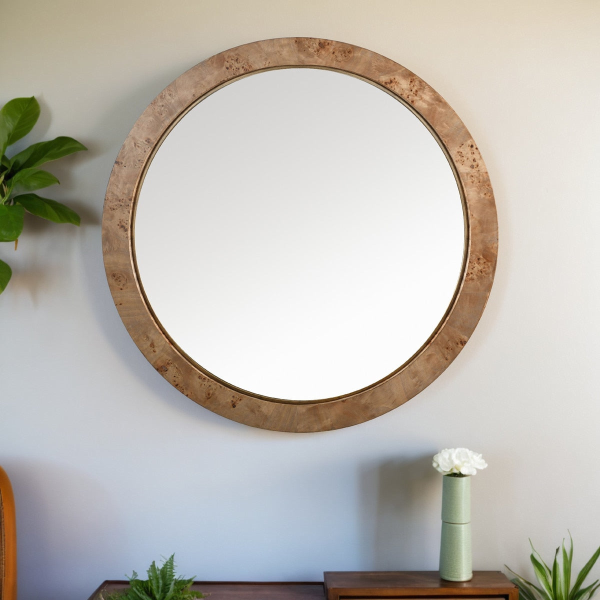 ROUND MIRROR - BURL WALNUT VENEER/MDF (1.12m x 1.125m x 8cm)