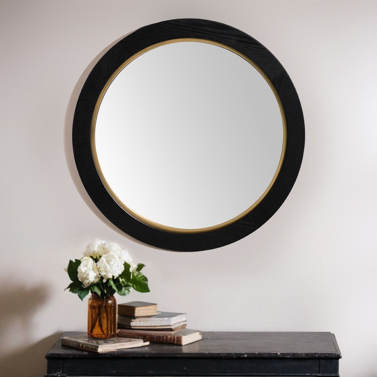 ROUND MIRROR - VENEER/MDF BLACK OAK & GOLD (65 x 65 x 4cm)