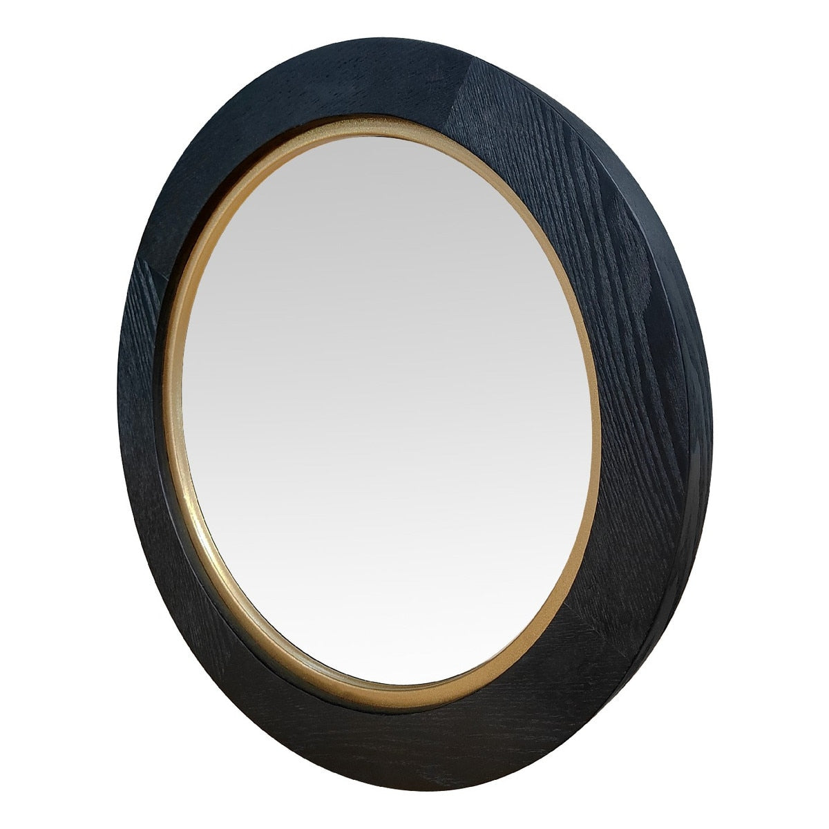 BLACK OAK & GOLD ROUND MIRROR - VENEER/MDF (50 x 50 x 4cm)