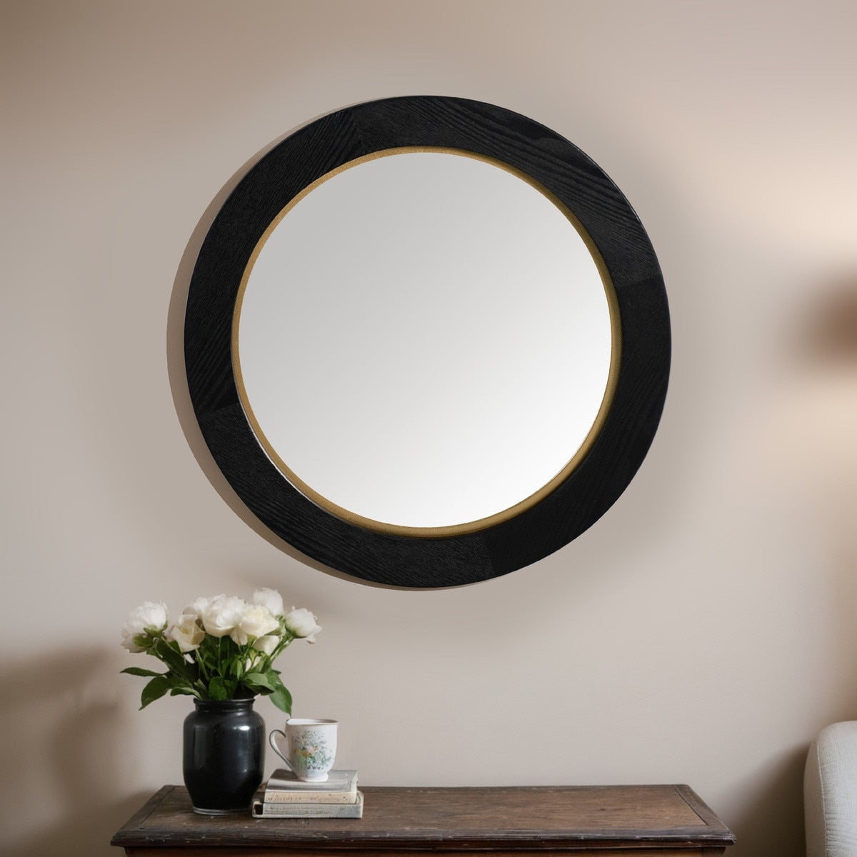 BLACK OAK & GOLD ROUND MIRROR - VENEER/MDF (50 x 50 x 4cm)