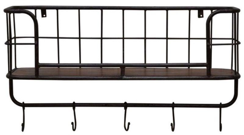 Minimalist 80cm metal kitchen shelf in black and brown, featuring hooks below for versatile storage and decor display.