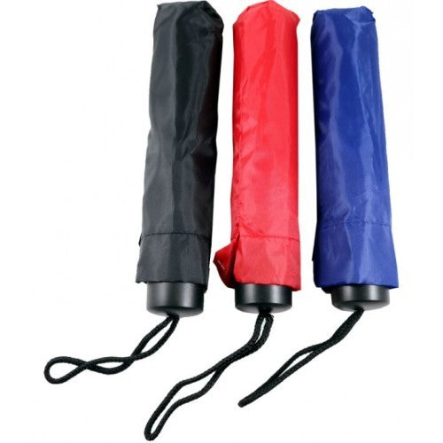 Compact travel umbrella in assorted colours, 235x40x40mm closed, 555x910x910mm open, sturdy design for rain protection.