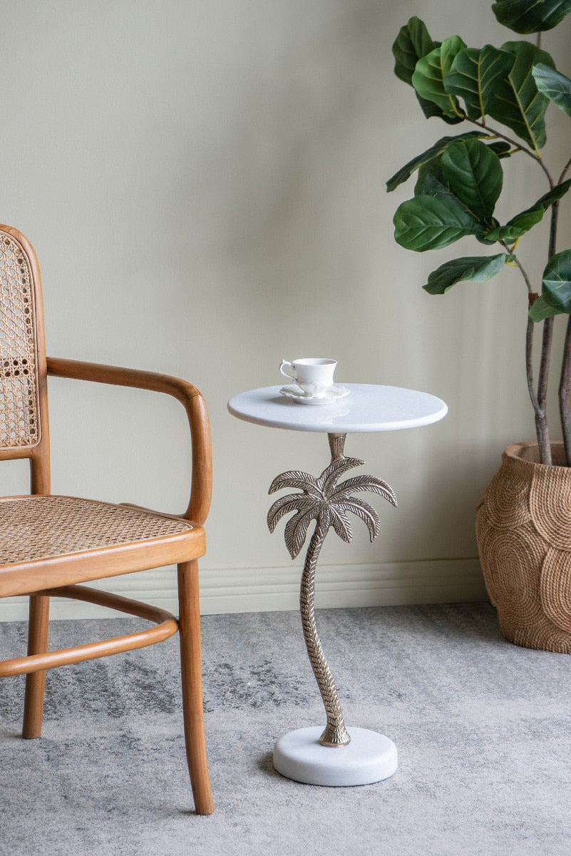 SIDE TABLE - PALM TREE White/Gold (35.6 x 35.6 x 61cm)