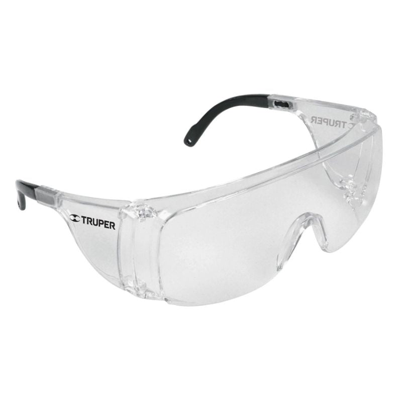 Clear polycarbonate safety glasses with UV and anti-scratch protection, ideal for various work environments and over prescription lenses.