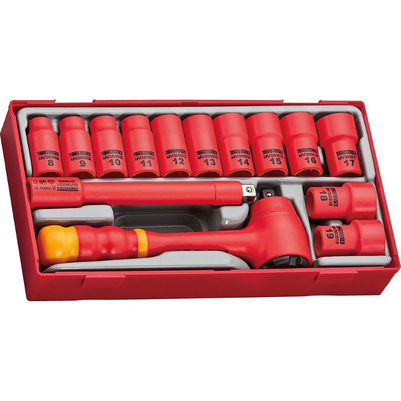 Teng 14pc VDE insulated socket set for safe live working, includes ratchet, extension bars, and color-coded sockets.