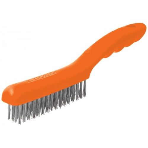 Durable wire brush with a polypropylene handle, designed for effective cleaning of rust and paint on various surfaces.