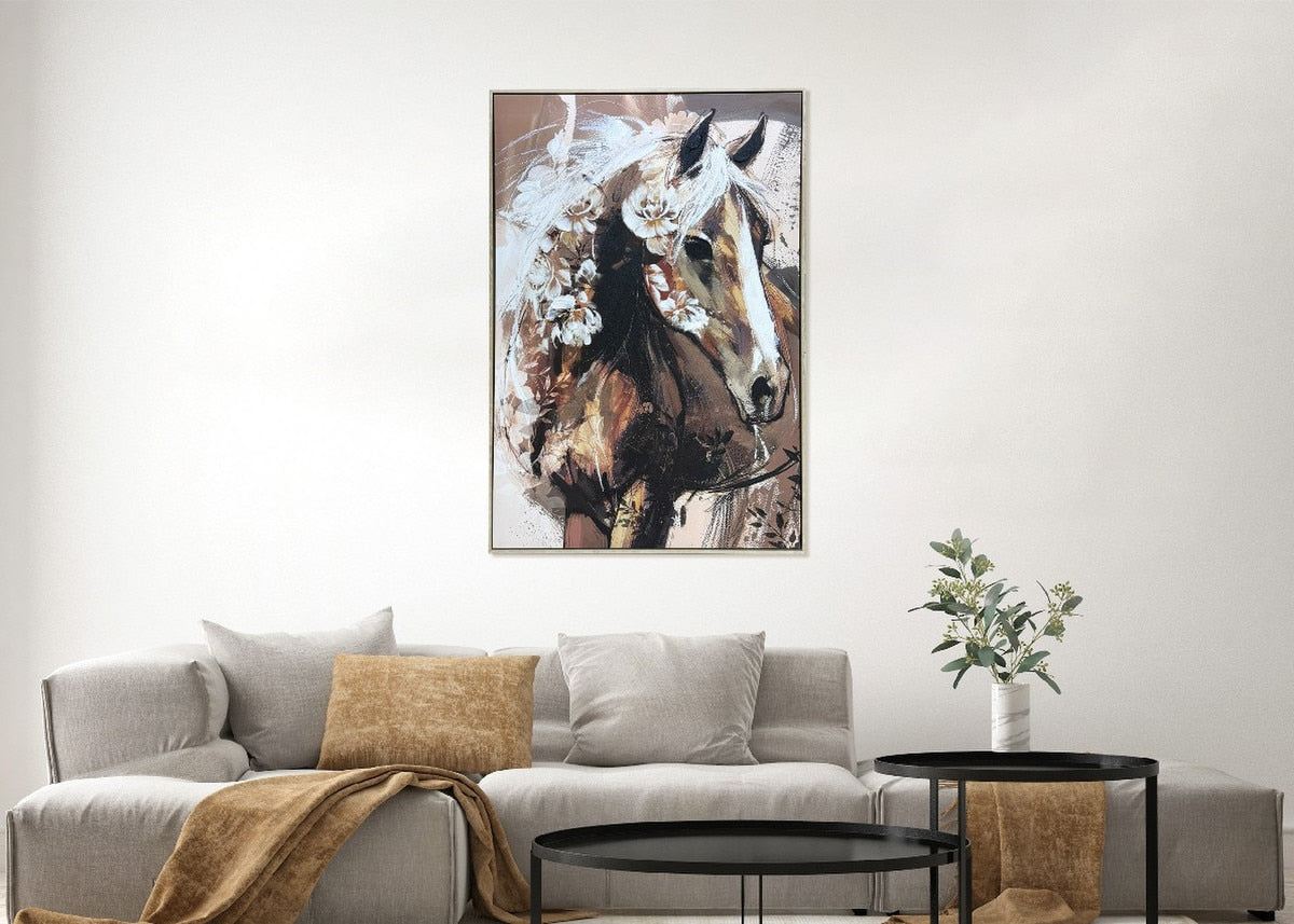FRAMED CANVAS - Horse/Flowers 80% HANDPAINTING (80 x 1.2m)
