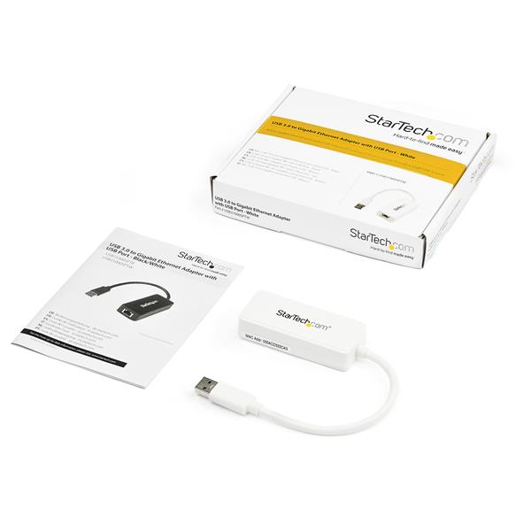 USB 3.0 to Gigabit Ethernet Adapter NIC w/ USB Port - White