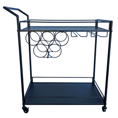 Sophisticated black bar trolley with sleek lines, ideal for entertaining and storing drinks, dimensions 74 x 38 x 81cm.