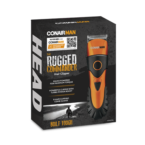 Rugged Commander Hair Clipper by Conairman with self-sharpening blades, 50 settings, and ergonomic design for precise grooming.
