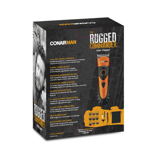 Rugged Commander Hair Clipper by Conairman with stainless steel blades, 50 settings, and ergonomic grip for precise grooming.